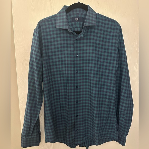 1901 Men's Button Down Shirt 16 34/35 Non Iron Blue Green Plaid Trim Fit - Picture 1 of 5